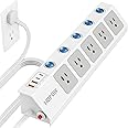 HOPOW Flat Plug Power Strip with Individual Switches, 10 Ft Ultra Thin Flat Extension Cord, 5-Outlet Surge Protector with 2 USB-C (20W PD) & 2 USB-A, 1700 Joules, Wall Mount for Home Office, White