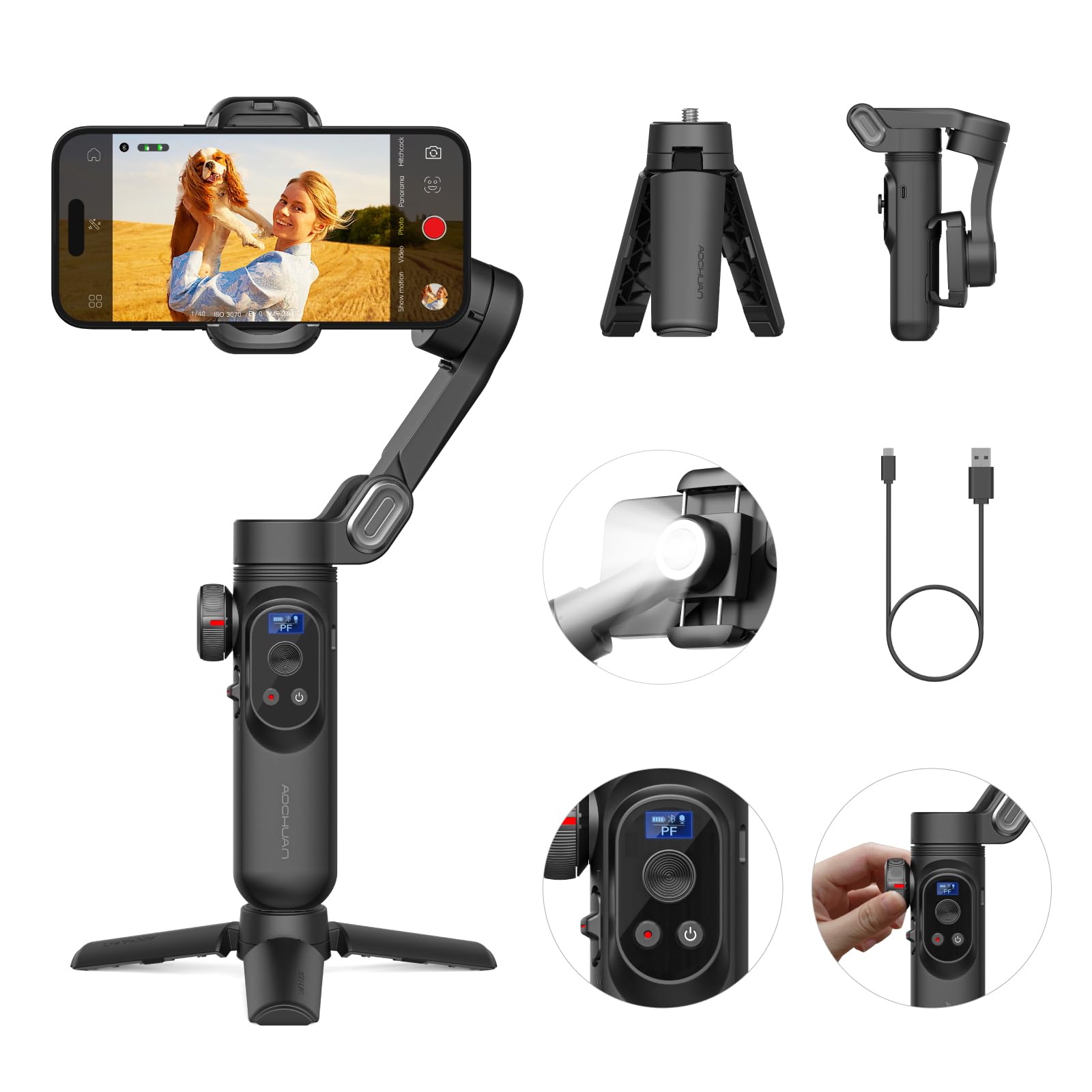 AOCHUAN Gimbal Stabilizer for Smartphone, Gimbals w/Wireless Charging iPhone Gimbal for iPhone 15 Pro Max/Android 3-Axis Handheld Phone Stabilizer for Video Recording Face Tracking-Smart X Pro