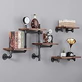 SSS Furniture Industrial Floating Pipe Wall Shelves Rustic Wood Shelving, 5 Layer Pipe Design Bookshelf DIY Shelving for Living Room Bathroom Farmhouse Bar Industrial Decor