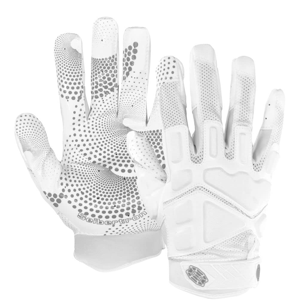 Seibertron G.A.R.G 2.0 Gel Filled Patented Anti-Impact Ultra-Stick Football Sports Receiver Gloves Adult White L