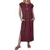 ANRABESS Women Summer Maxi Dress 2026 Casual Loose Cap Sleeve Crewneck Split Beach Vacation Long Sundress with Pockets