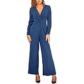 CUPSHE Women's Long Sleeve Jumpsuits Casual V Neck Wide Leg Twist Front One Piece Jumpsuit