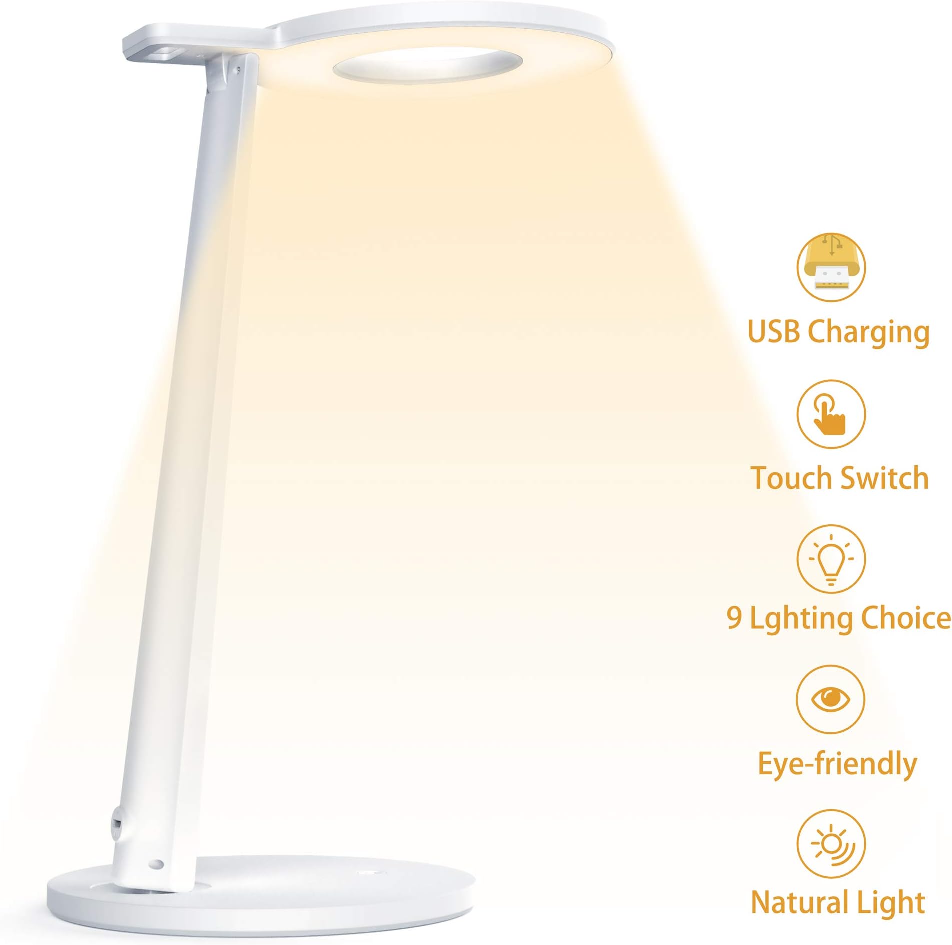 Dimmable LED Desk Lamp, Tesecu Eye-Caring Table Lamp with USB Charging Port, Touch Control with Adjustable Brightness and 3 Color Modes for Study and Office, White