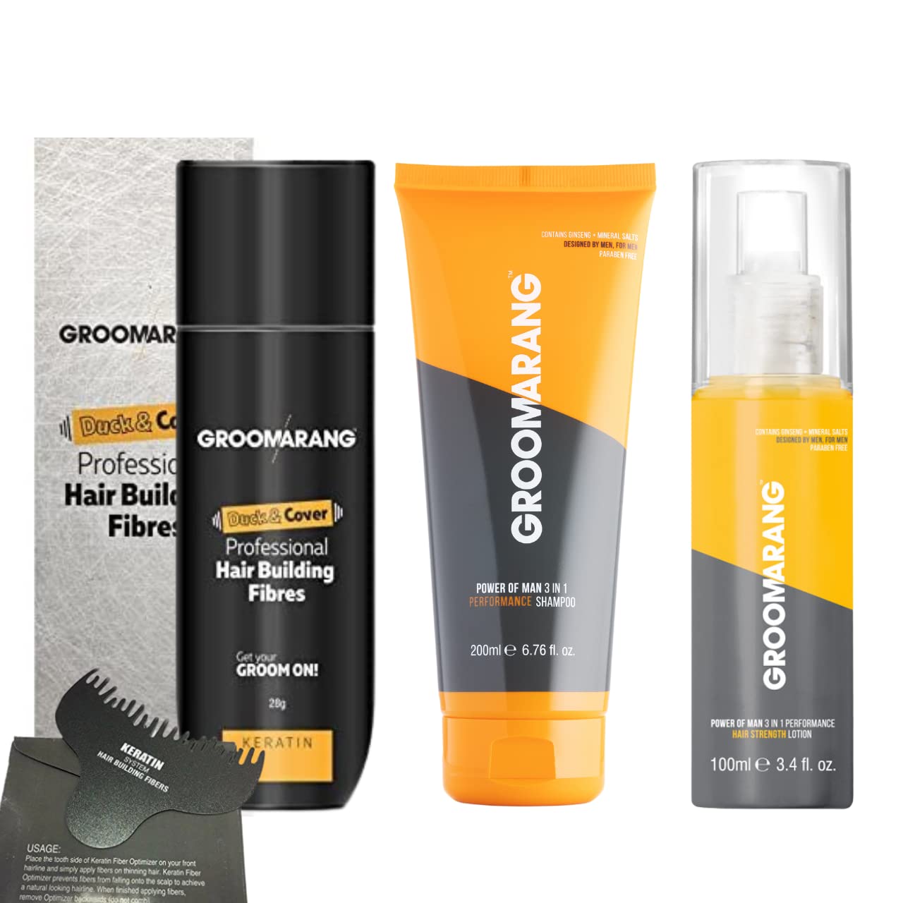 Hair Fibres GROOMARANG Keratin Hair Building Fibres for Thinning Hair - Instantly Conceals Thinning Areas for Fuller Thicker Hair- For Men & Women 28g + Shampoo Hair Lotion & Optimiser (Light Brown)