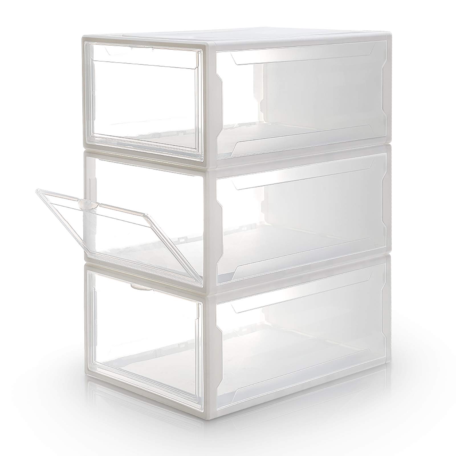 Homde Shoe Boxes Pack of 3 Stackable Shoe Storage Rack White Frame with Clear Drawer (Large)