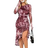 Pink Queen Women's Sexy Mesh Bodycon Dress Fall Long Sleeve Asymmetric Hem Ruffle Floral Print Party Club Ruched Midi Dresses