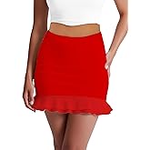 BORIFLORS Sexy Bodycon Ruffle Hem Mini Skirt for Women High Waist Elastic Mesh Y2K Flared Short Skirts