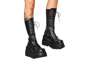 HINDOLA Women's Platform Mid Calf Boots Chunky High Heel Wedge Boots Goth Zip & Lace Up Combat Round Toe Motorcycle Boots
