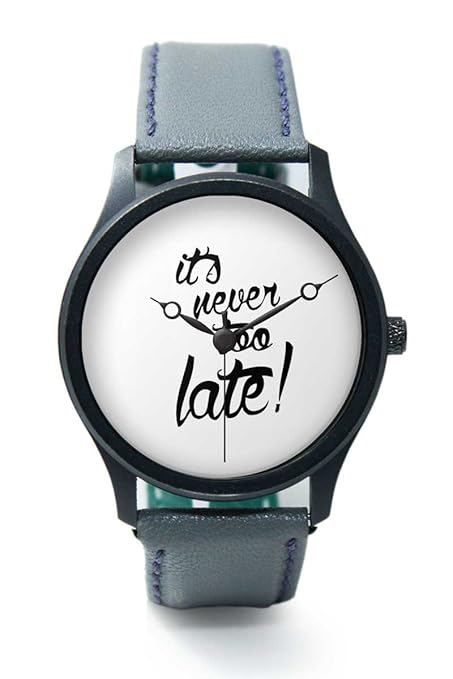 Wrist Watch for Men - BigOwl Its Never Too Late Quirky Quote Premium Black Branded Fashion Watches for Boys - Funny Casual Analog Leather Band Watch (Perfect Motivational Gift)