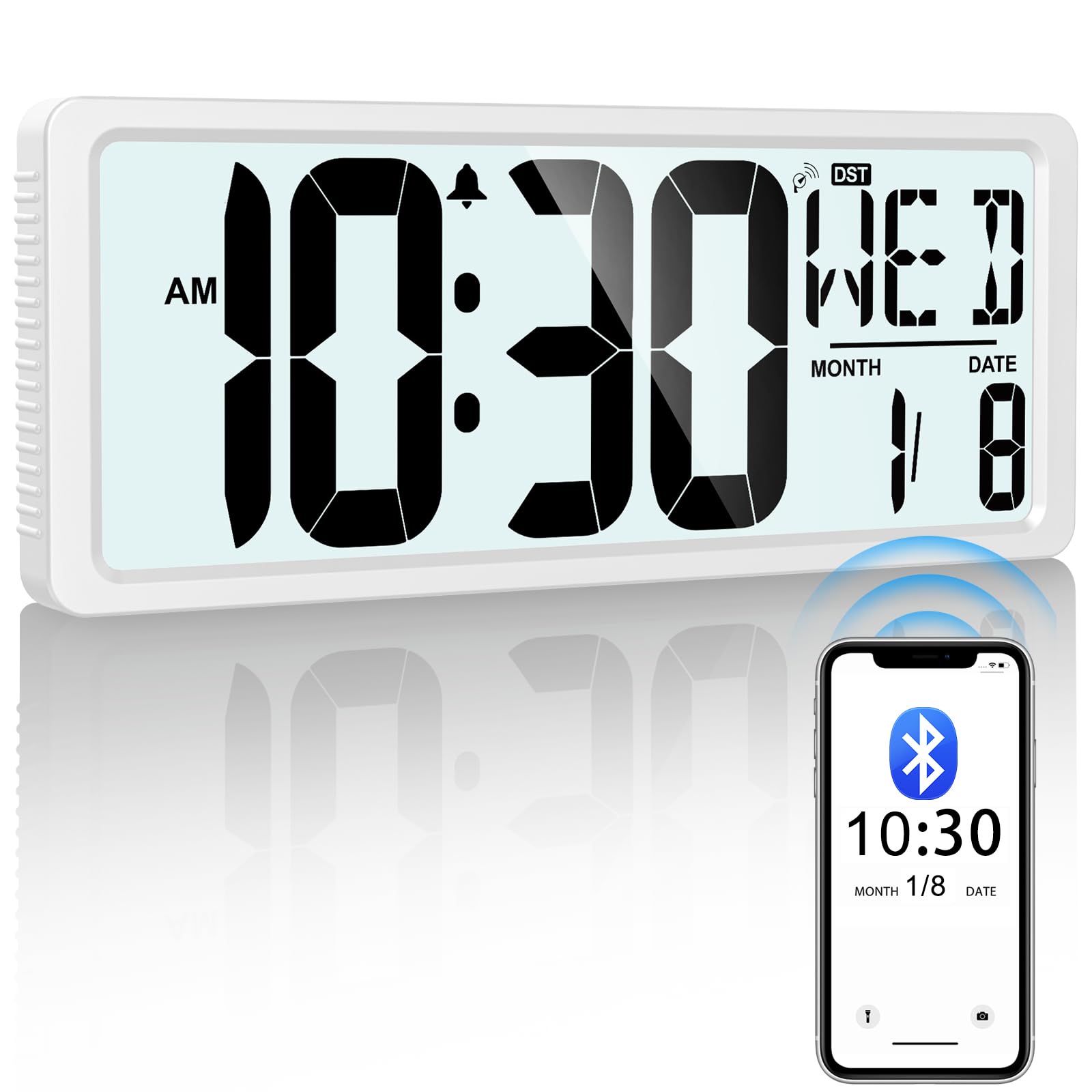 Photo 1 of Xflyee Bluetooth Time Sync Digital Wall Clock Battery Operated with Backlight, Auto DST Large Digital Wall Clock with Day, Date & Temperature, 15'' Large Digital Clock for Home, Bedroom, Office