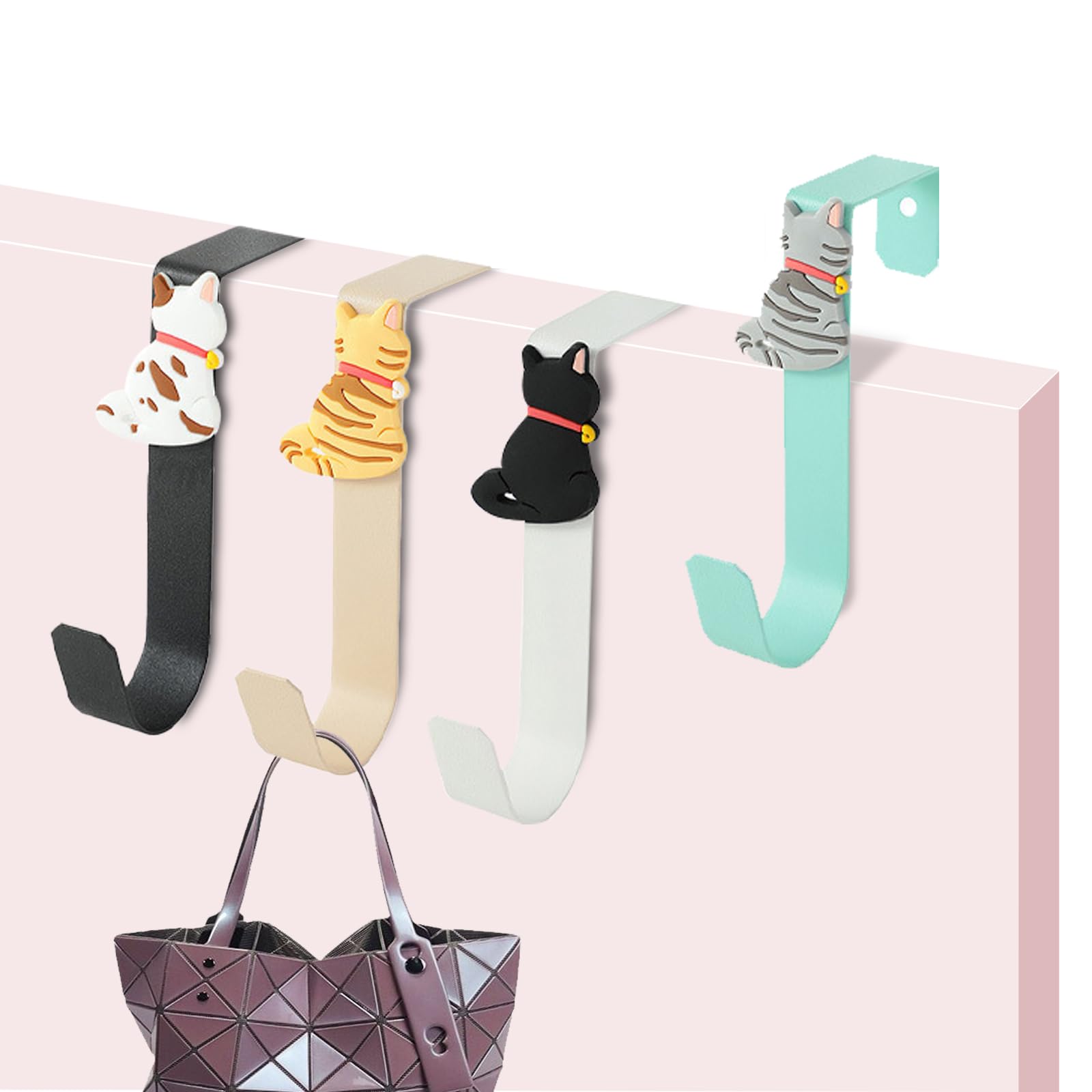 KASESSS 4 Pcs Over Door Hooks, Cat Motif Door Hanger, No-Punch Sturdy Coat Hooks for Bedroom Doors, Bathroom, Wardrobe