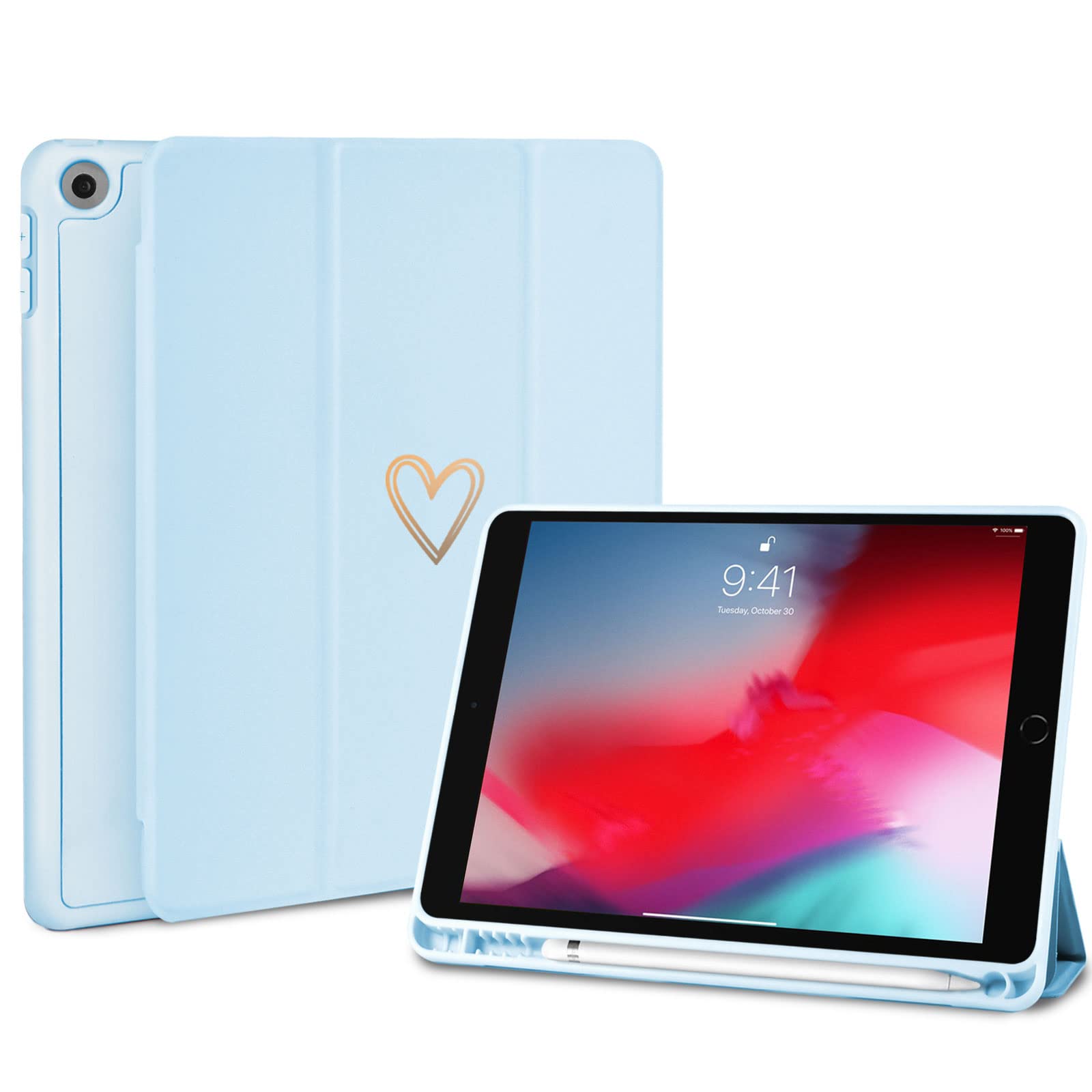 Fycyko Compatible with iPad 10.2 Inch Case, iPad 9th/8th/7th Generation 2021/2020/2019 Case with Pencil Holder & Tip Cover, Women Girls Heart Pattern Protective Case for iPad 10.2 Inch, Blue