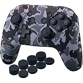 YoRHa Studded Silicone Transfer Print Cover Skin Case ONLY for Nitendo Official Switch Pro Controller x 1(Camouflage Grey) with Pro Thumb Grips x 8