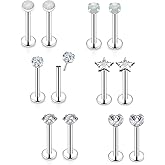 Vsnnsns 16G 18G 20G Threadless Push in Lip Rings Stainless Steel Flat Back Nose Rings Studs Tragus Helix Conch Cartilage Lobe Earrings Stud Piercing Jewelry for Women Men Diamond CZ Opal 6 Pairs