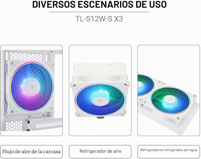 Ventoinha de CPU TL-S12W-S de 120mm com carcaça ARGB, conector PWM de 4 pinos, ventoinha silenciosa de computador com rolamento S-FDB, até 1500rpm (pack de 3)