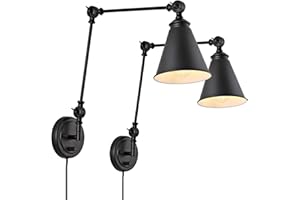 WINGBO Industrial Swing Arm Wall Lamp Set of 2, Farmhouse Style Black Wall Sconce Lighting, Adjustable Plug in/Hardwired Two-Way, for Living Room Bedroom Vanity Study Desk Office