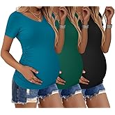 Ekouaer Womens Maternity Shirts 3 Packs V Neck Tops Tunic Pregnancy Clothes Side Ruched Short Sleeve Casual T Shirt S-XXL
