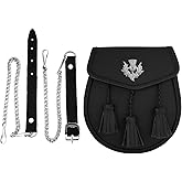 THE KILTS SHOP - Scottish Leather Sporran with Leather Belt & Chain - Day Sporran - Sporan for Men