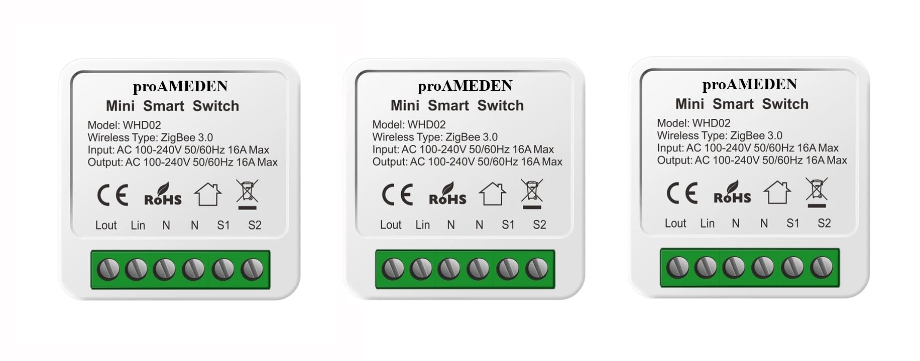 proAMEDEN ZigBee 3.0 Smart Switch 16A Mini Smart Switch Wifi Switch Module Switch Compatible with Alexa and Google Home Assistant, (ZigBee, 3/un).