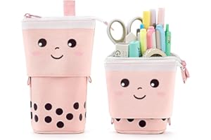 KPX Cute Standing Pencil Case Pen Holder for Kids, Pop Up Stand UP Bubble Tea Pen Organizer Kawaii Stationary for Christmas Holiday New Year Office (Pink)