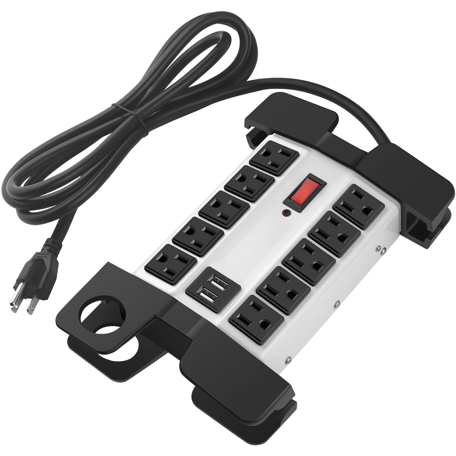 CCCEI Heavy Duty Power Strip with USB Ports, Garage 10 Outlets Surge Protector 2700 Joules, Industrial Workshop Metal 15Amp Multiple Outlets, 10 FT Extension Cord and Wide Spaced Grey. Image