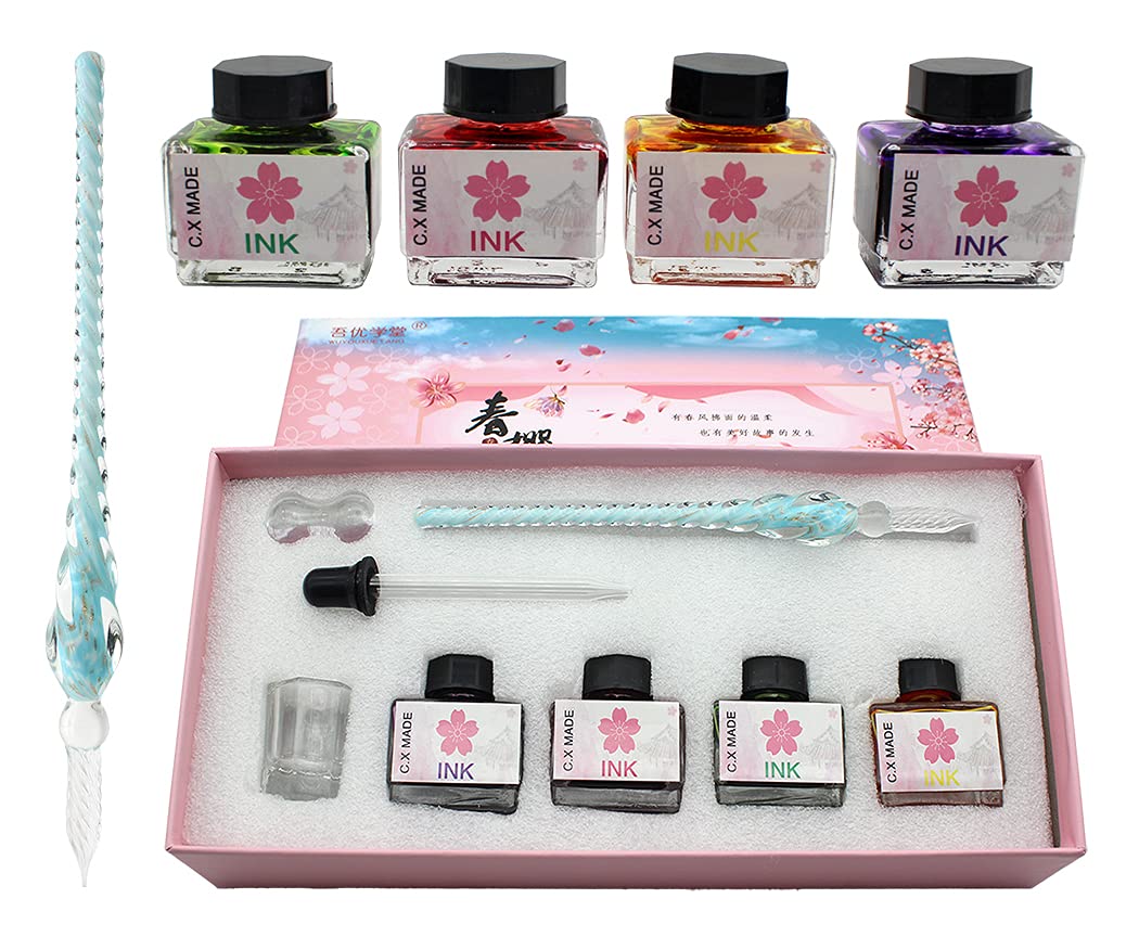 XIAOYU Glass Dip Pen Ink Set, Calligraphy Dip Pens, Crystal Calligraphy Pen and Ink Set with 4 Bottle Inks, Calligraphy Kits for Art, Writing, Signatures, Decoration, Blue