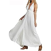 R.Vivimos Boho Maxi Dresses for Women 2026 Summer Sleeveless Halter Elastic Waist Sexy Backless Front Slit Flowy Long Dresses