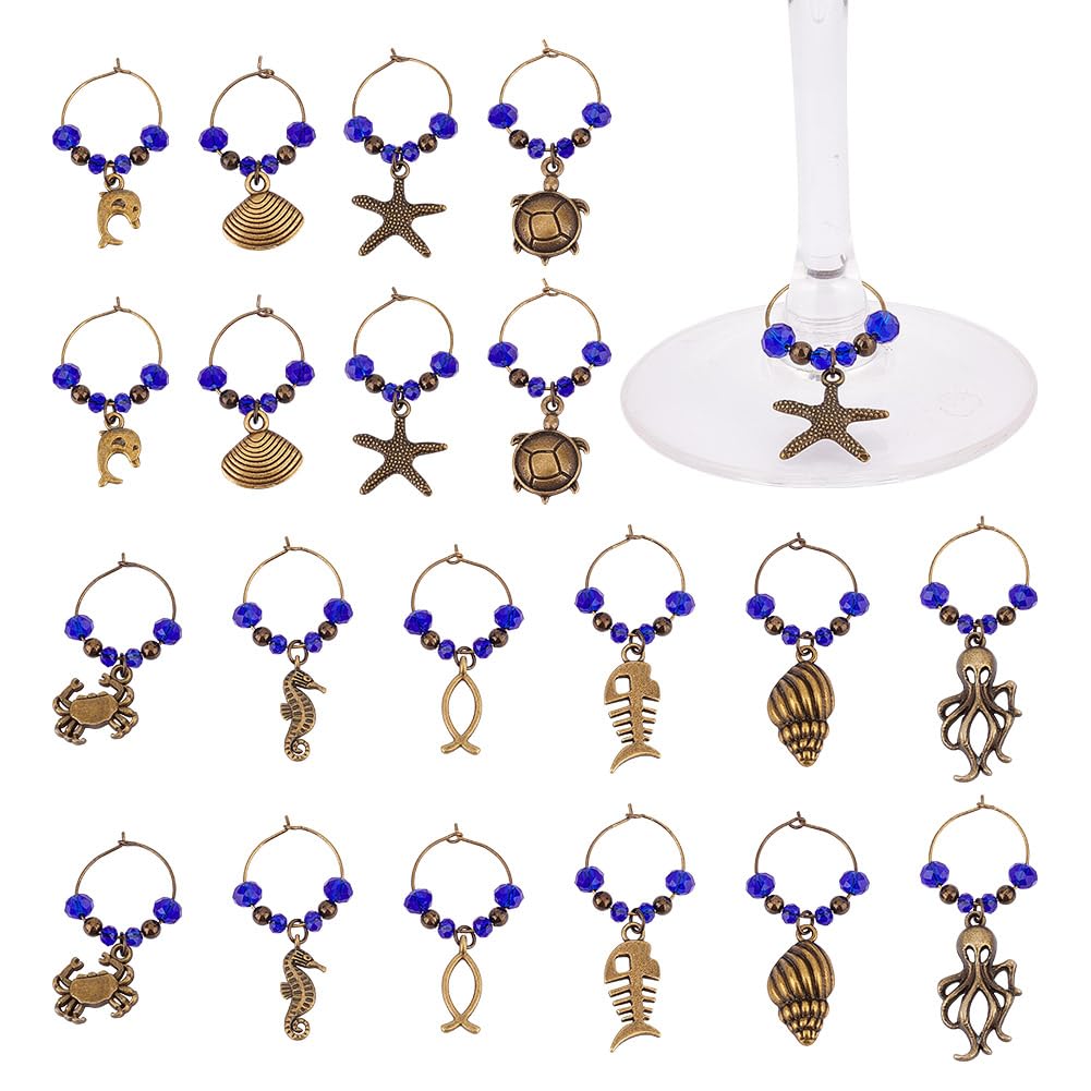 GOMAKERER 20 Pcs 10 Styles Beach Theme Wine Alloy Charms, Sea Animal Wine Glass Markers Drink Identifier Seahorse Octopus Bead Wine Charms Wine Drinker Gift for Wine Tasting Party