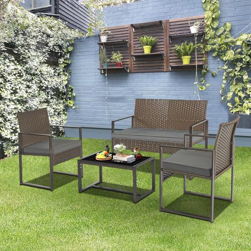 YIYAN 4 Piece Patio Furniture Set, Outdoor Wicker Furniture Set Patio Furniture Set, Bistro Set Outdoor Rattan Conversation with Coffee Table for Garden Balcony Backyard(Gray)