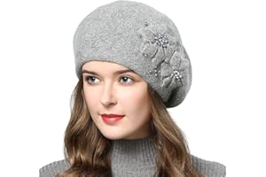 VOILIPEX Rabbit Fur Beret Hat French Beret Cap Winter Warm Flowers Pearls Beanie Artist Painter Hat for Women Lady