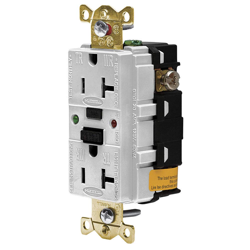 GFCI Receptacle, 20A, 125VAC, 520R, White Electrical Equipment