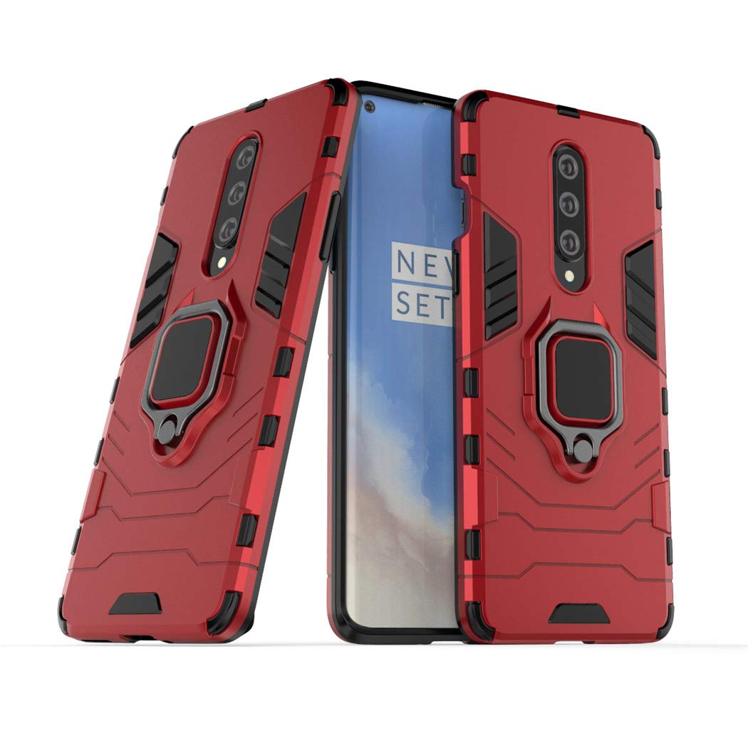 Compatible with 1+8 (5G) Case, Metal Ring Grip Kickstand Shockproof Hard Bumper (Works with Magnetic Car Mount) Dual Layer Rugged Cover for OnePlus 8 (Red)