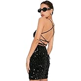Suillty Women's Sparkly Sequin Backless Lace Up Mini Dress Shiny Spaghetti Straps Halter Bodycon Party Club Evening Dresses
