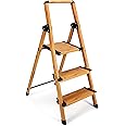 Delxo Portable Collapsible Lightweight Aluminum 3 Step Stool Step Ladder with Long Handrails and Safety Latch Mechanism, Woodgrain Finish