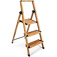 Delxo Portable Collapsible Lightweight Aluminum 3 Step Stool Step Ladder with Long Handrails and Safety Latch Mechanism, Wood