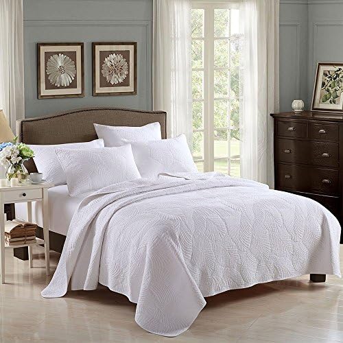 Yocousm White 100% Cotton Bed Quilt Set Queen Size Pattern Bedspread Printed Quilted Coverlet 3 Piece For Double bed