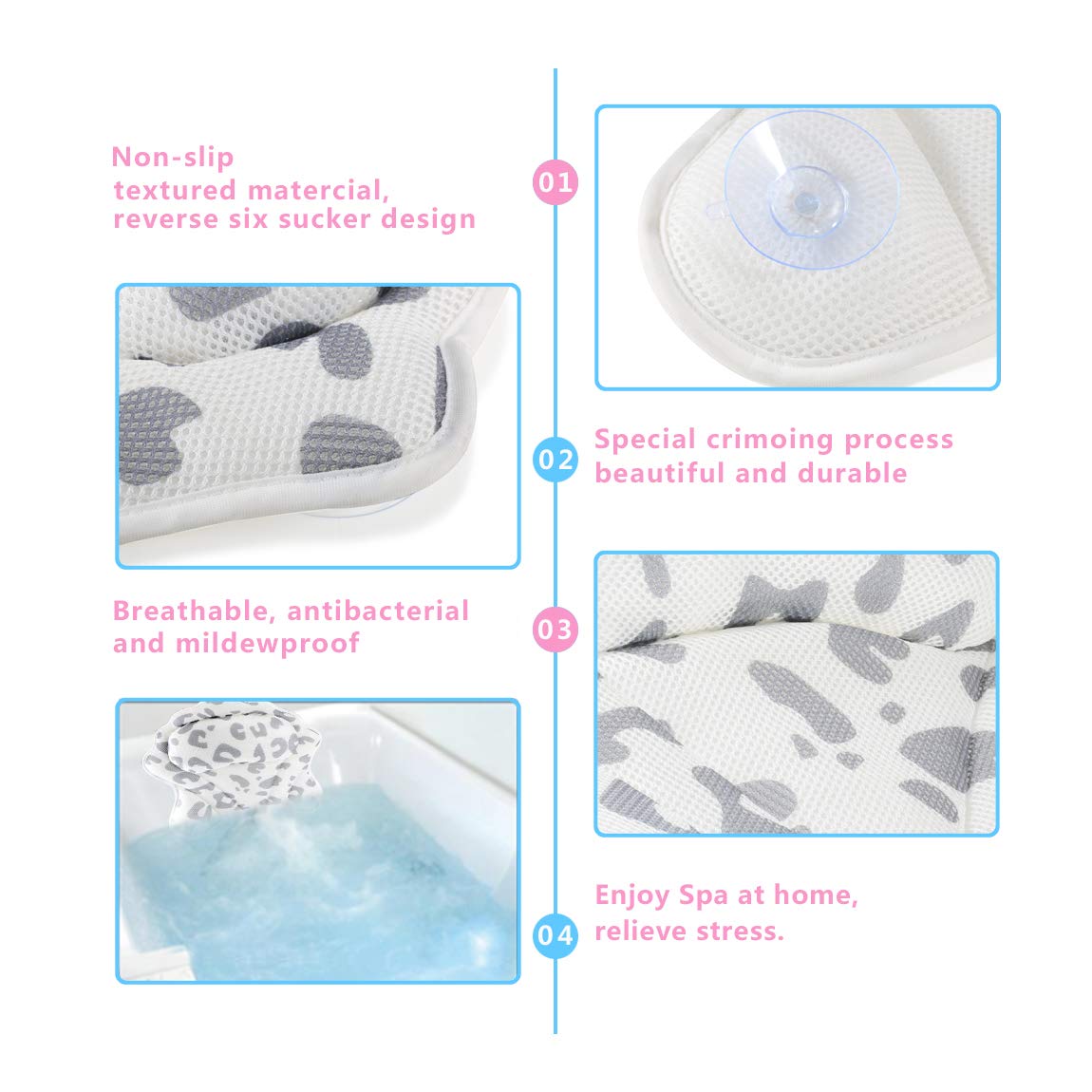 MoKasi Bath Pillow Tub Pillow - Thicker Bathtub Cushion for Head/Shoulder/Neck/Back Support, Ergonomic Jacuzzi Pillow Spa Relaxation Accessories 3D Air Mesh Headrest with Strong Suction Cup & Hook : Beauty
