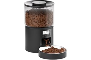 Miaosical Automatic Cat Feeder Flexible Schedule Timer,6 Meals/Day,1-12 Portions/Meal,Dual Power Auto Feeder Dry Food Dispenser,10S Voice Record,for Cats & Small Dogs (Black,3.6L Stainless Steel Bowl)