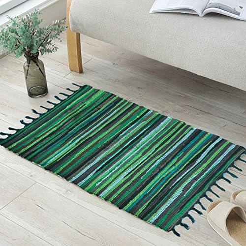 ANJUREN Multifunction Reversible Durable Color Stripe Area Rugs Rags Hand Woven Washable Runner Rug Carpet Mat Pad For Kitchen Bathroom Door Bedroom Apartment Sofa Window Bed Pet (23.6"x35.4", Green)