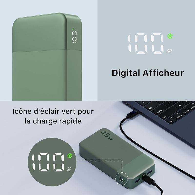 Batterie Externe 20000mAh Power Bank 45W Chargeur Externe Portable
