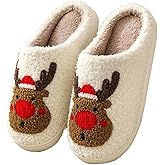 ogFctese Unisex Xmas Elk Shoes Santa Reindeer Cute Strawberry Cartoon Christmas Tree Pink Bow Memory Foam Soft Plush House Slippers Indoor/Outdoor