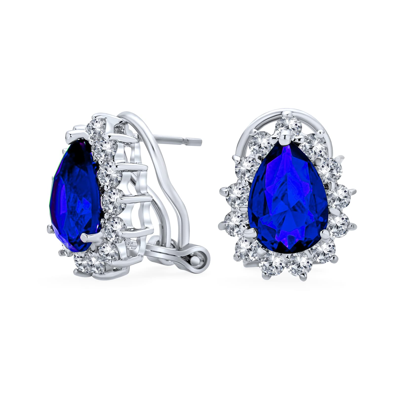 Classic Vintage Style Cocktail Wedding Party Royal Blue Sapphire Simulated AAA CZ Halo Pear Shaped Teardrop Stud Earrings For Women Omega Back Silver Plated โ image 1