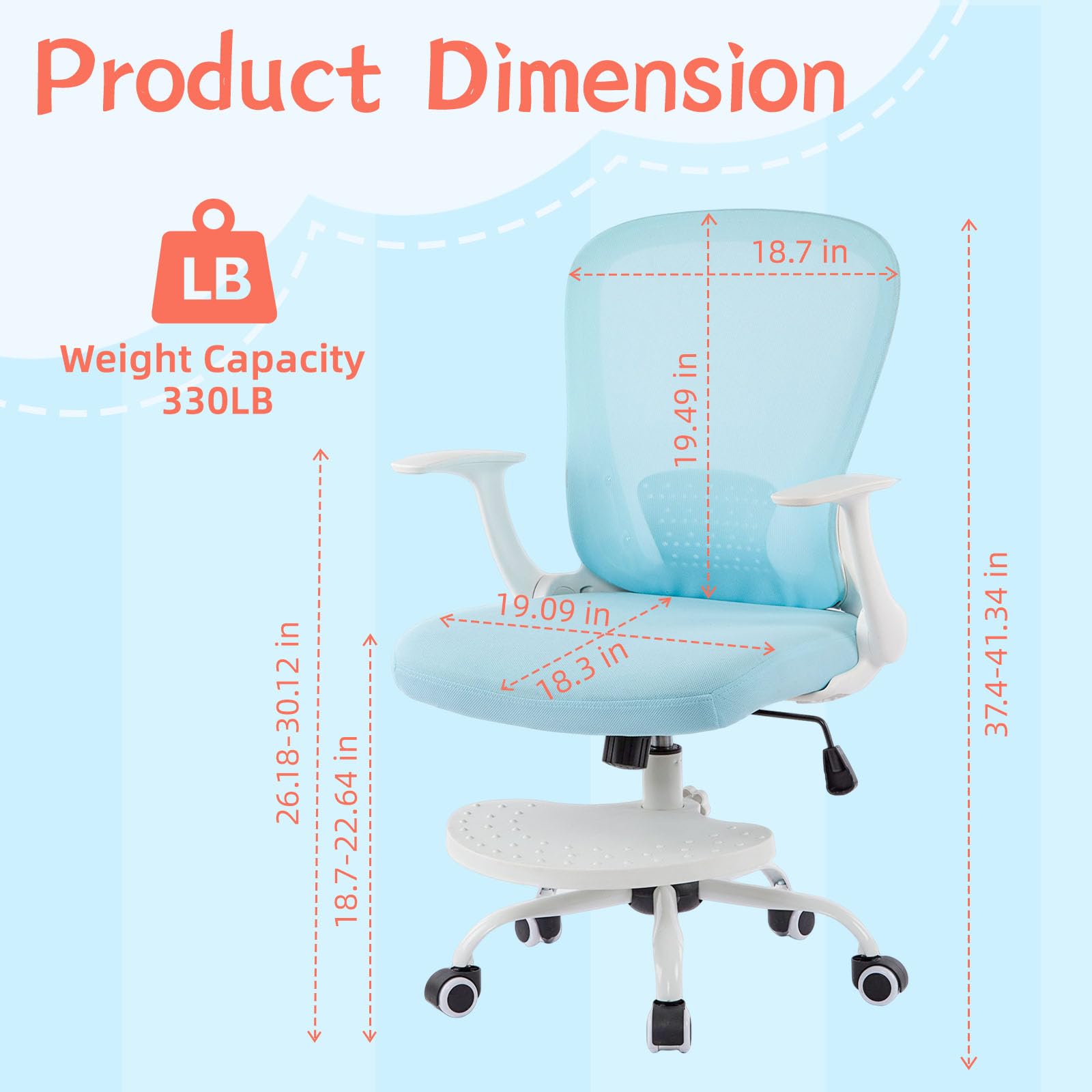 SOLLATI Kids Desk Chair Ergonomic Study Chair Swivel Mesh Desk Chair with Adjustable Arm Height Footrest Wheel Computer Home Office Chair for Children Boys Girls Students Bedroom School Age 5-13 Blue