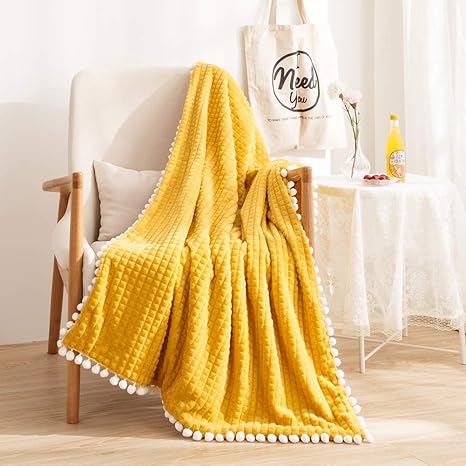 Amazon Com Move Over Yellow Pom Poms Blanket Mustard Yellow Fleece Throw Blanket White Ball Fringe Design Soft Fuzzy Yellow Bed Blanket Cozy Lightweight Throw Blanket For Bedroom Sofa Couch 40 X60 Yellow Home
