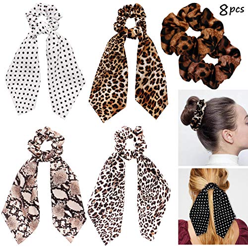 Scarf Scrunchies Women Hair Ties - Satin Silk Hair Scarves Scrunchys Bow Leopard Ribbon Scrunchy with Tails For Thick Hair No Crease Accessories Soft Ropes Ponytail Holder with Designs Long Ponytail H