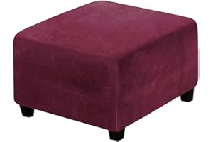 ADPON Square Velvet Ottoman Covers Ottoman Slipcover Square Footstool Protector Covers Storage Stool Ottoman Covers Stretch with Elastic Bottom (Large,Wine/Burgundy)