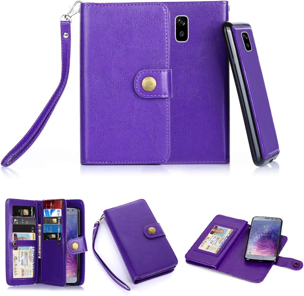 Galaxy J7 Refine Case, J7 Star, J7 2018, J7 Top, J7 Aura, J7 Aero/Crown/Eon Phone Cases, 10 Card Slot - ID Slot, Button Wallet Folio PU Leather Case Cover with Detachable Magnetic Hard Case - Purple