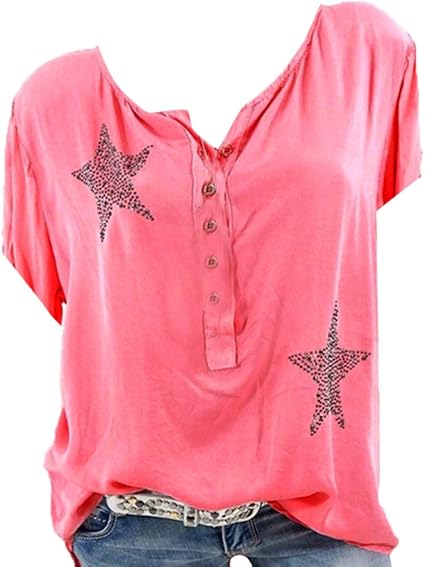 Womens Loose Fitting Button Up Deep V Neck Short Sleeve Tops Tunic Casual T Shirts Blouse Amazon Co Uk Kitchen Home