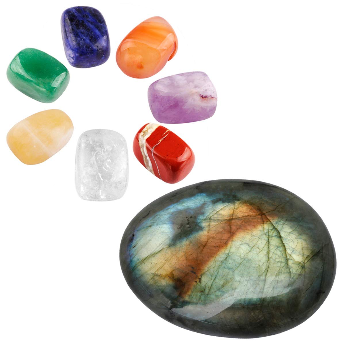 mookaitedecor 7 Chakra Crystals Set,Healing Crystal Polished Tumbled Worry Stones & Labradorite Palm Stone