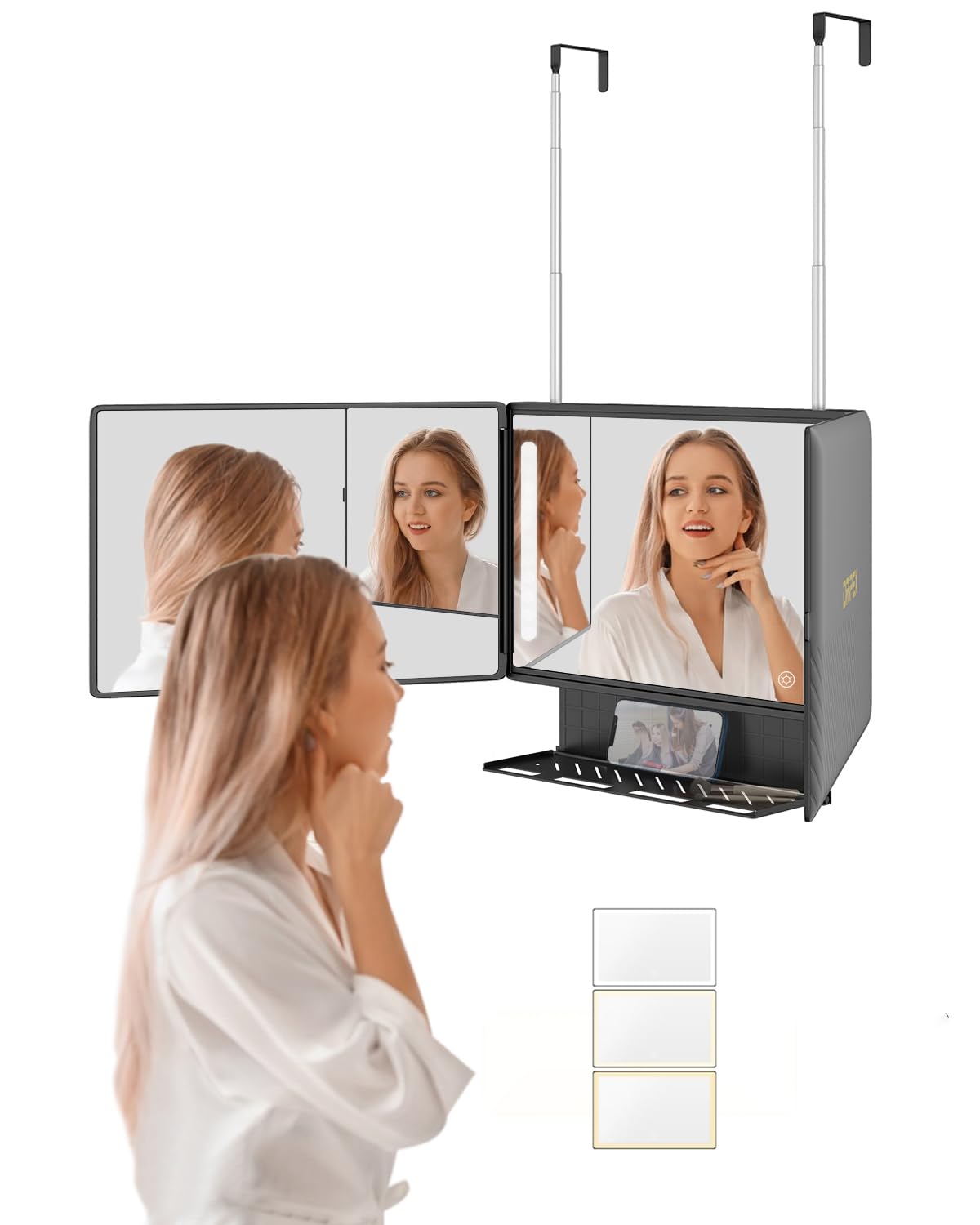 Photo 1 of Dripex 3 Way Mirror with Storage Shelf and 3 Color LED Lights, Rechargeable Trifold Self Haircut 360° Mirror with Height Adjustable Hooks for Makeup, Styling, Shaving, Braiding, Dye Hair (Black)